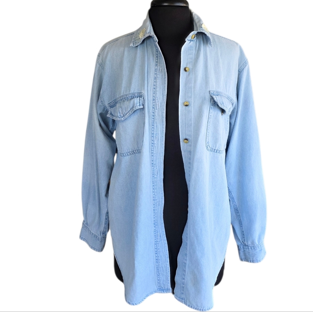 Vintage 90s Chic M Cotton Light Blue Button Down Shirt Soft Rose Patches